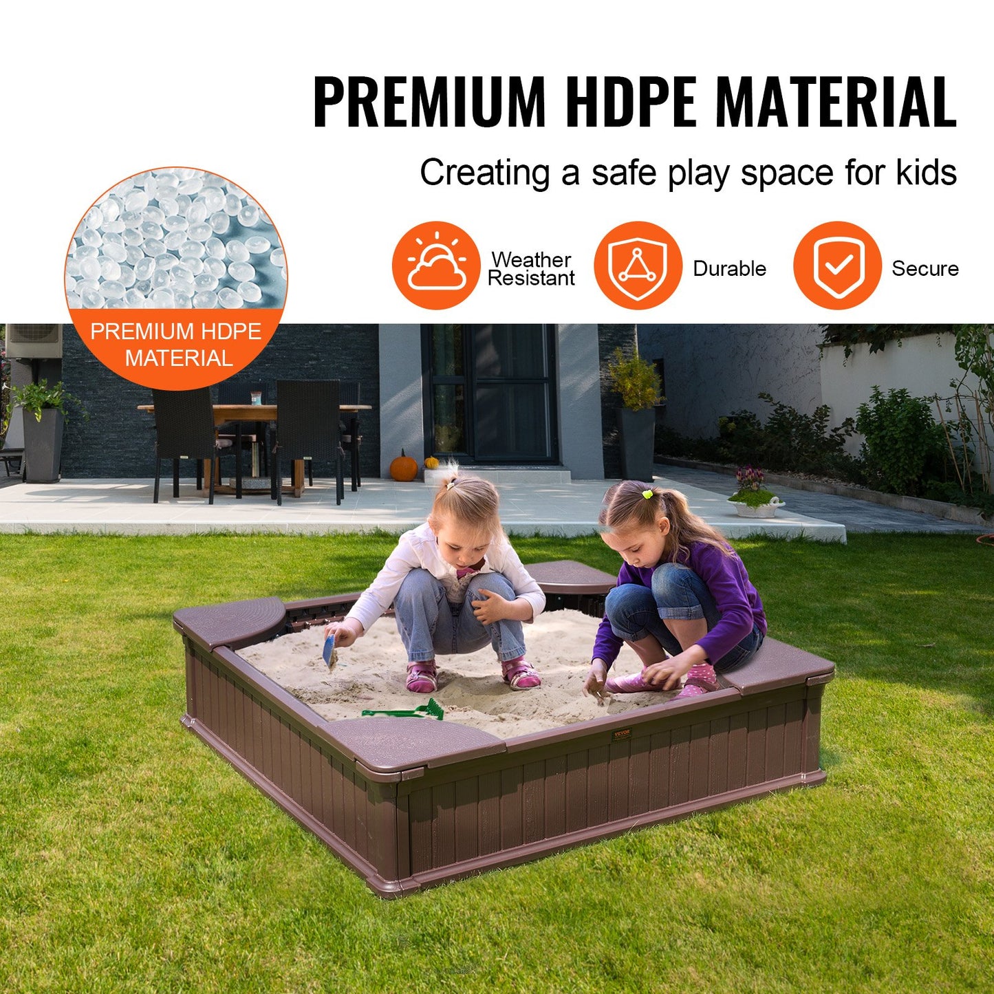 VEVOR Sandbox with Cover, 48.6x48.6x12.4 in Square Sand Box, HDPE Sand Pit with