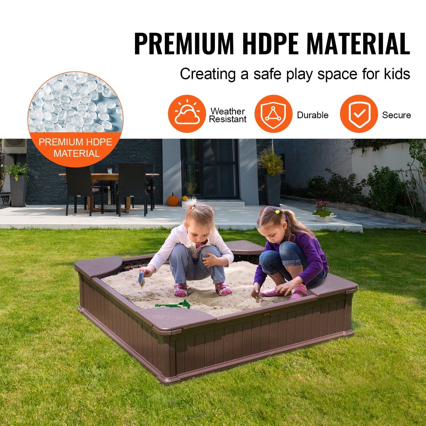 Square Sandbox with Cover and Seating, 1.23m x 1.23m, for Kids Ages 3-12