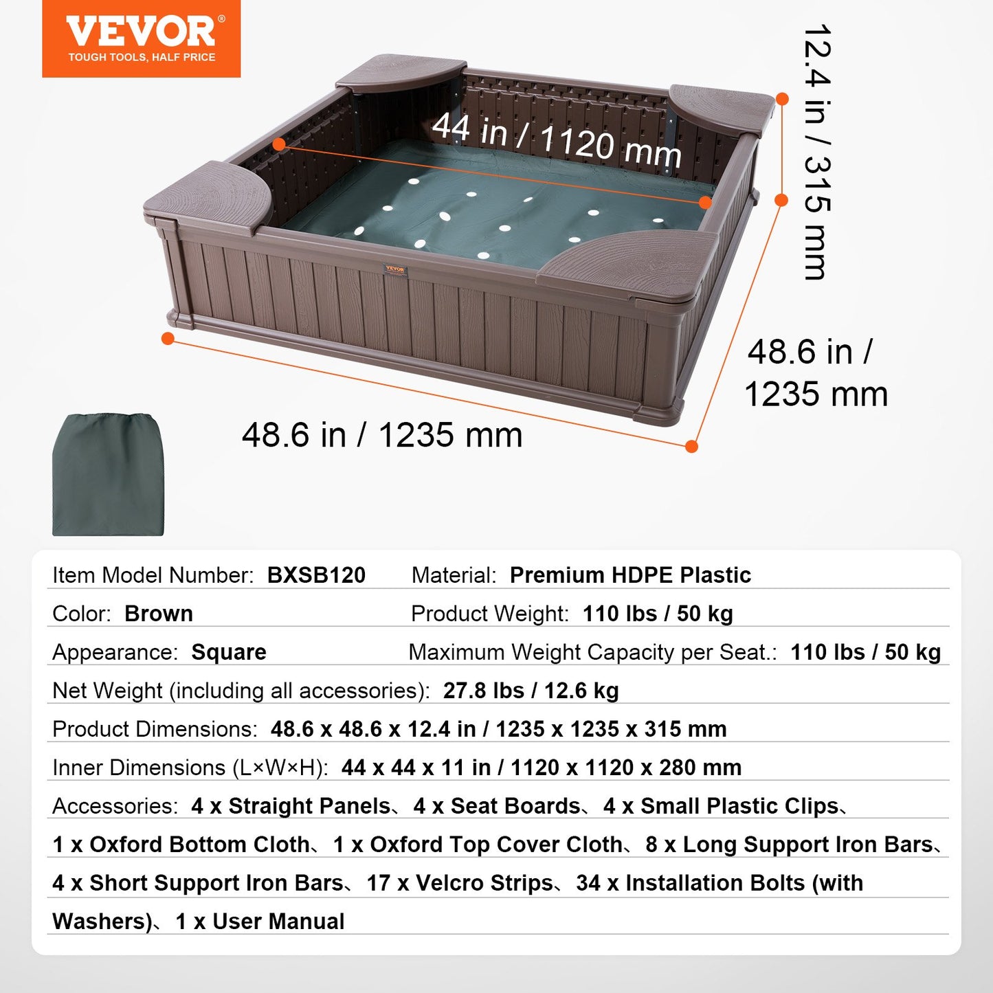 VEVOR Sandbox with Cover, 48.6x48.6x12.4 in Square Sand Box, HDPE Sand Pit with