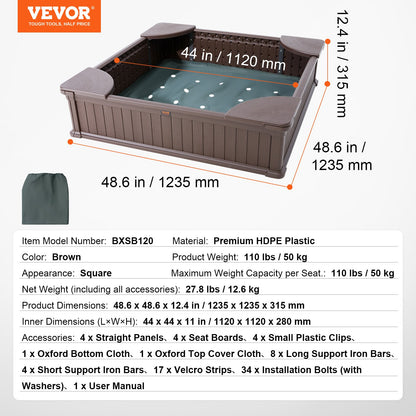 VEVOR Sandbox with Cover, 48.6x48.6x12.4 in Square Sand Box, HDPE Sand Pit with