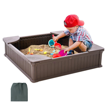 VEVOR Sandbox with Cover, 48.6x48.6x12.4 in Square Sand Box, HDPE Sand Pit with