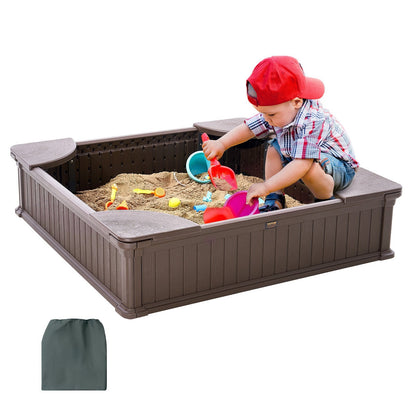 Square Sandbox with Cover and Seating, 1.23m x 1.23m, for Kids Ages 3-12