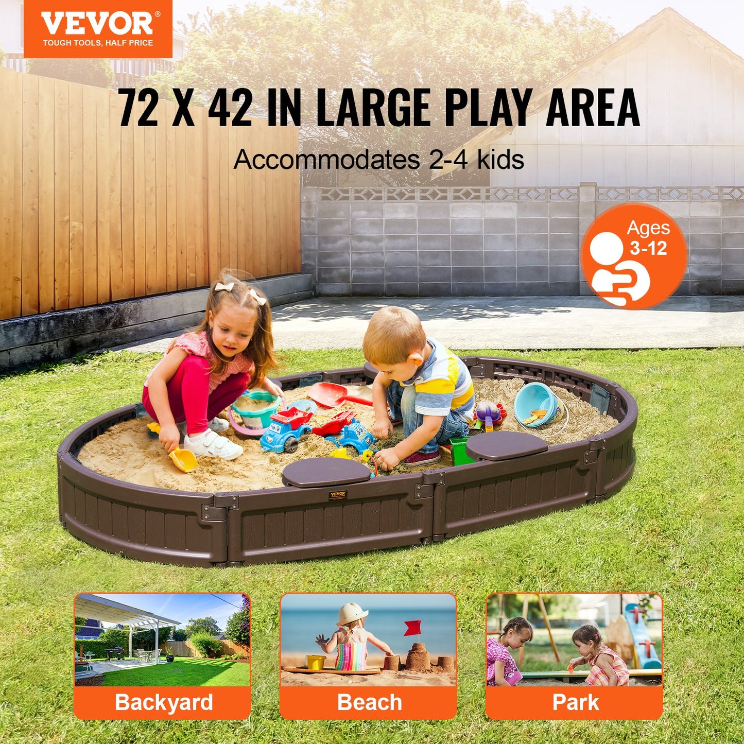 VEVOR Sandbox with Cover, 72 x 41.5 x 9.1 in Oval Sand Box, HDPE Sand Pit with 4