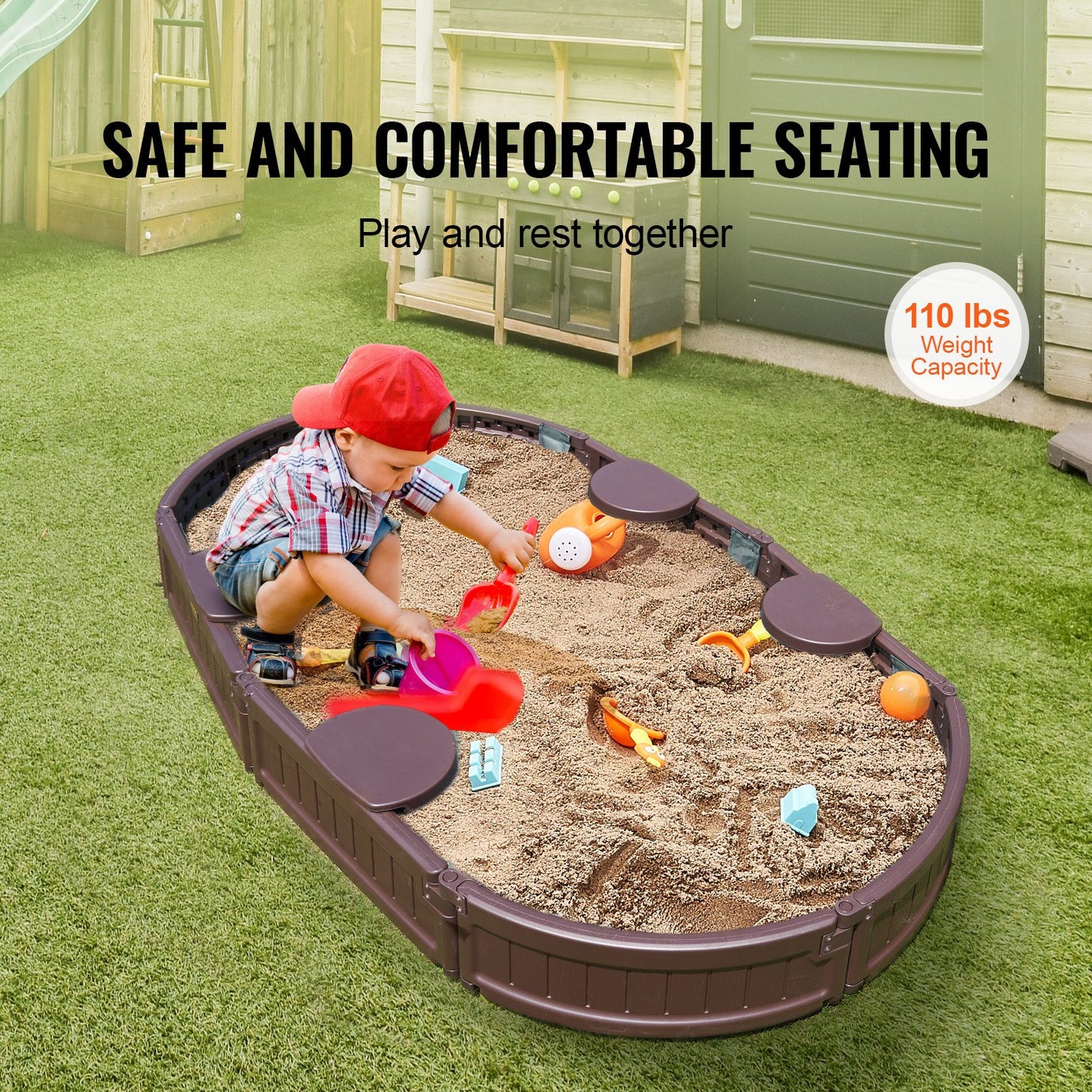 VEVOR Sandbox with Cover, 72 x 41.5 x 9.1 in Oval Sand Box, HDPE Sand Pit with 4