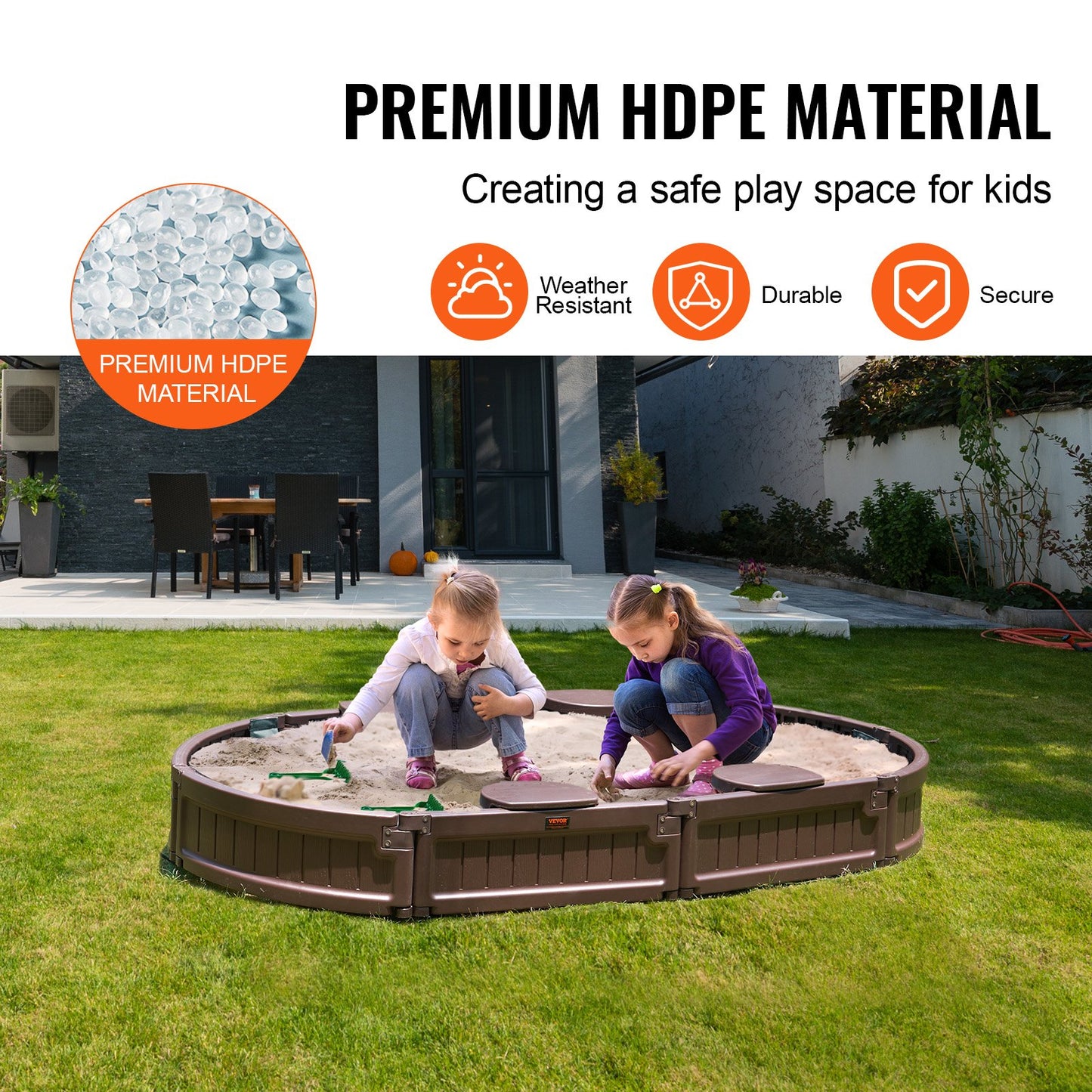 VEVOR Sandbox with Cover, 72 x 41.5 x 9.1 in Oval Sand Box, HDPE Sand Pit with 4