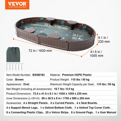 VEVOR Sandbox with Cover, 72 x 41.5 x 9.1 in Oval Sand Box, HDPE Sand Pit with 4