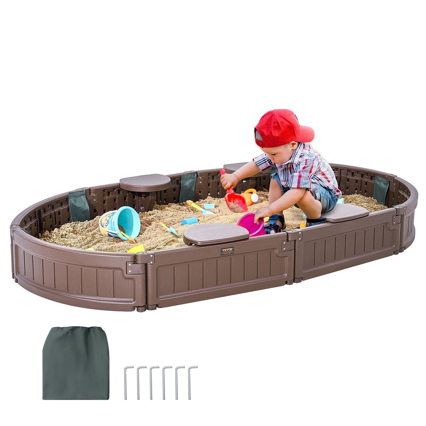 VEVOR Sandbox with Cover, 72 x 41.5 x 9.1 in Oval Sand Box, HDPE Sand Pit with 4