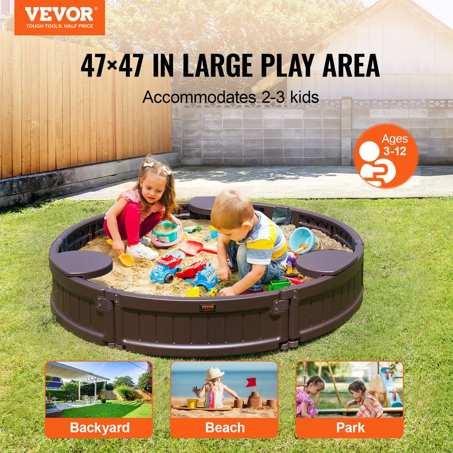 VEVOR Sandbox with Cover, 47.2 x 9.1 in Round Sand Box, HDPE Sand Pit with 3 Corner