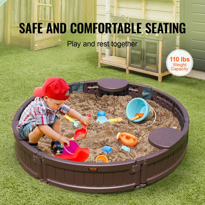 VEVOR Sandbox with Cover, 47.2 x 9.1 in Round Sand Box, HDPE Sand Pit with 3 Corner