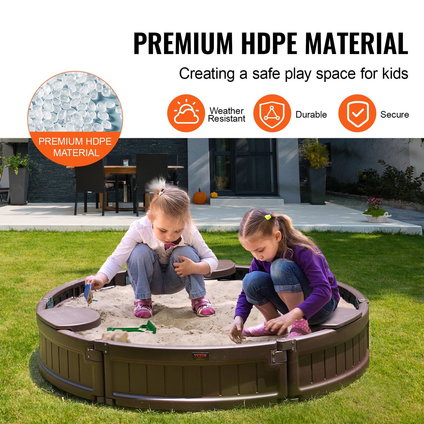 VEVOR Sandbox with Cover, 47.2 x 9.1 in Round Sand Box, HDPE Sand Pit with 3 Corner