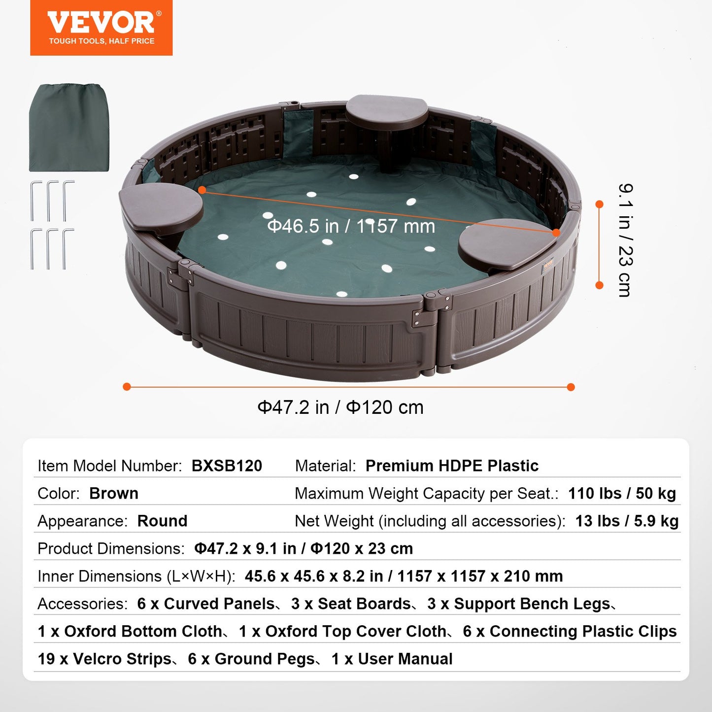 VEVOR Sandbox with Cover, 47.2 x 9.1 in Round Sand Box, HDPE Sand Pit with 3 Corner