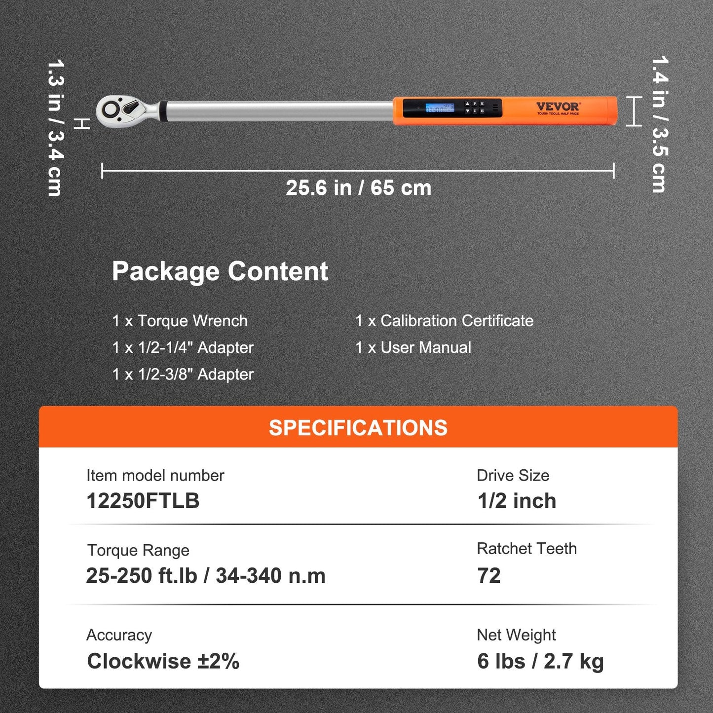 Digital Torque Wrench 1/2" Drive, 34-340 Nm Range, High Precision Tool