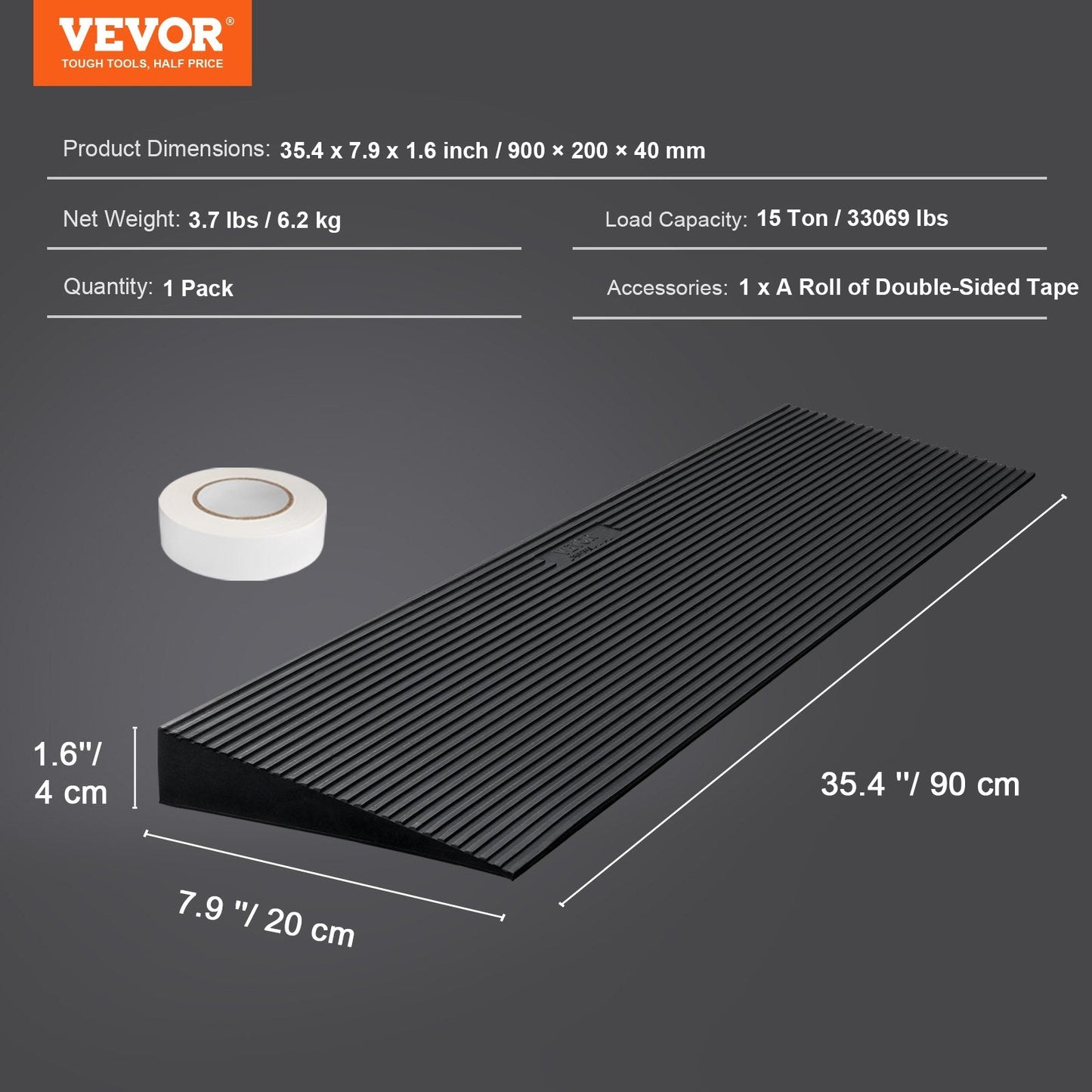 Adjustable 4 cm Rise Rubber Ramp for Wheelchairs and Robots, 90 cm Wide