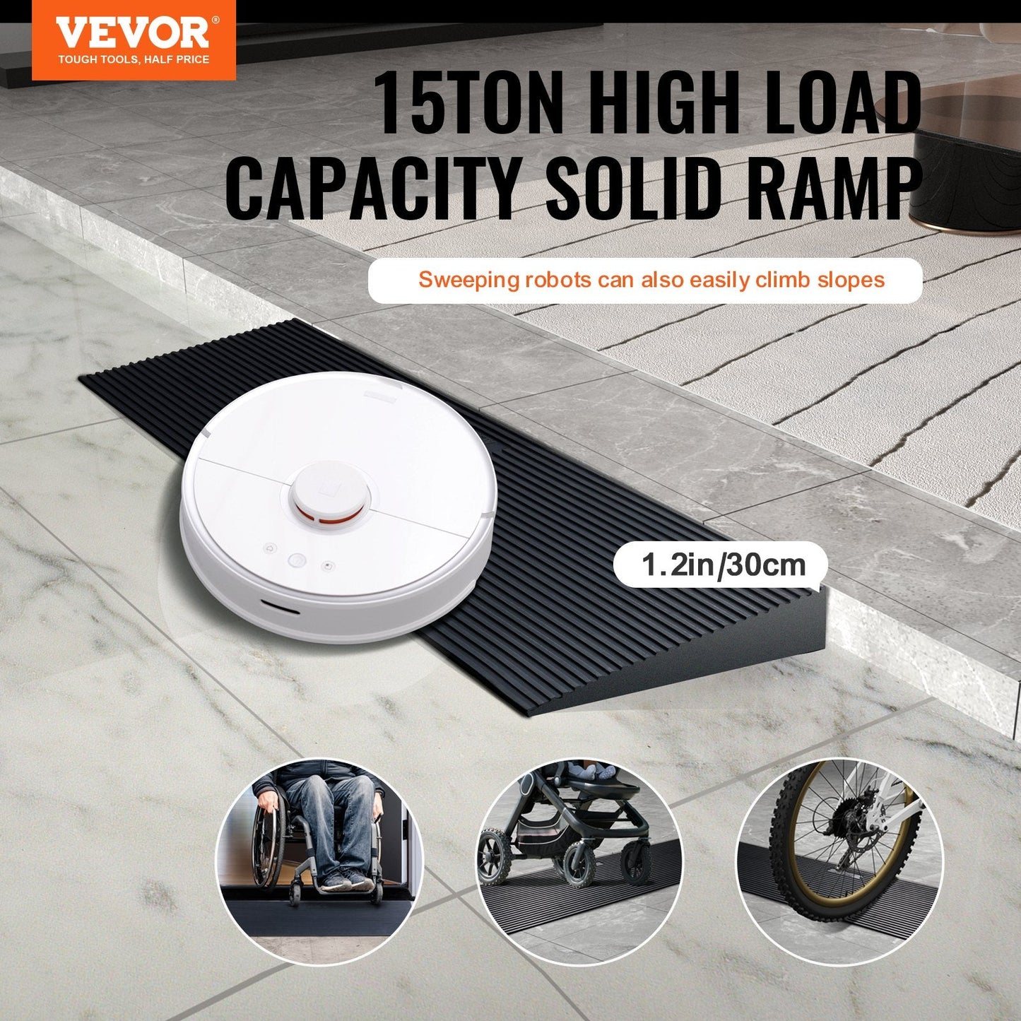 Natural Rubber Threshold Ramp, 90 cm Wide, 3 cm Rise, 15 Ton Capacity
