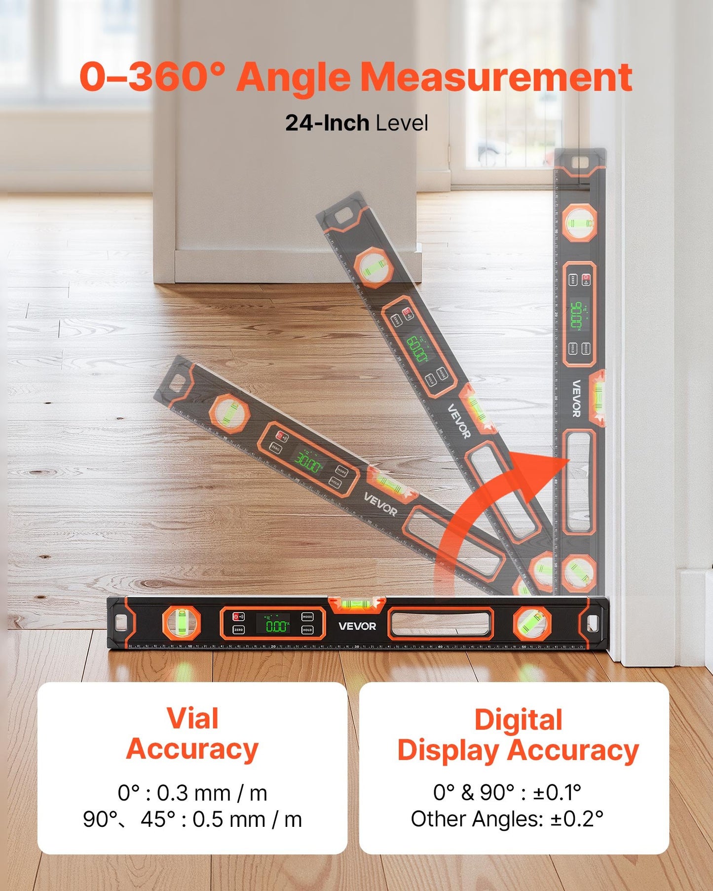 Digital Level, 600 mm, Magnetic Electronic Level with LED Backlit Display, 360° Electronic Leveler Tool with 0°/45°/90° Bubble Vials, IP54 Rating for Construction Carpentry Home Renovation