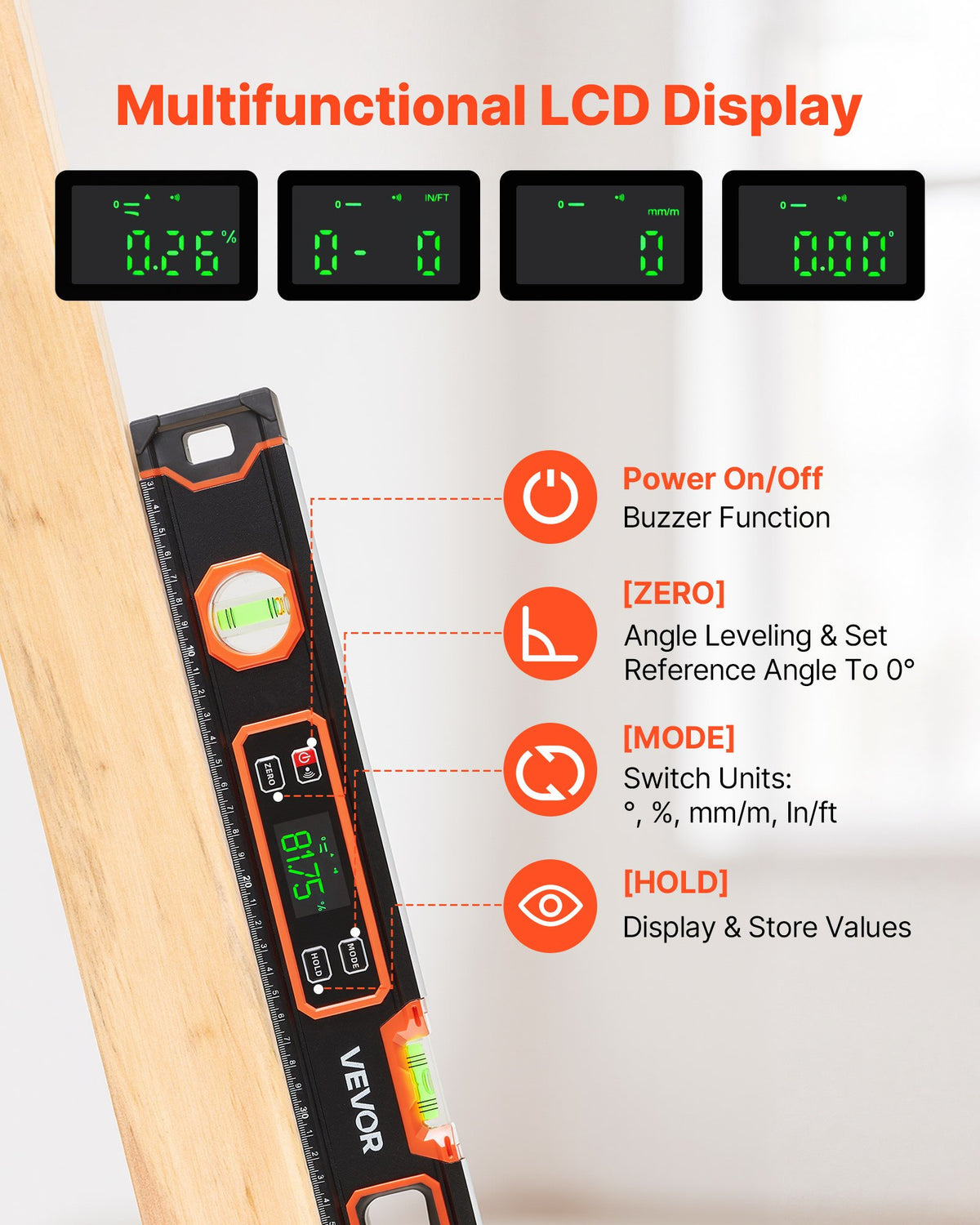 Digital Level, 600 mm, Magnetic Electronic Level with LED Backlit Display, 360° Electronic Leveler Tool with 0°/45°/90° Bubble Vials, IP54 Rating for Construction Carpentry Home Renovation