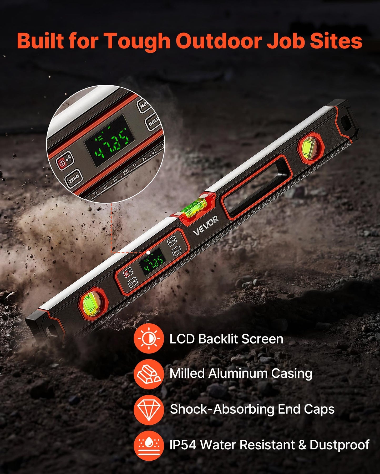Digital Level, 600 mm, Magnetic Electronic Level with LED Backlit Display, 360° Electronic Leveler Tool with 0°/45°/90° Bubble Vials, IP54 Rating for Construction Carpentry Home Renovation