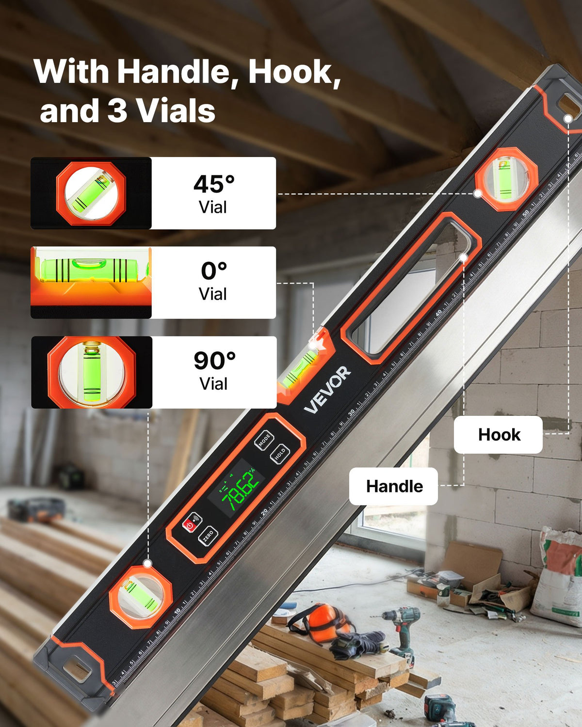 Digital Level, 600 mm, Magnetic Electronic Level with LED Backlit Display, 360° Electronic Leveler Tool with 0°/45°/90° Bubble Vials, IP54 Rating for Construction Carpentry Home Renovation