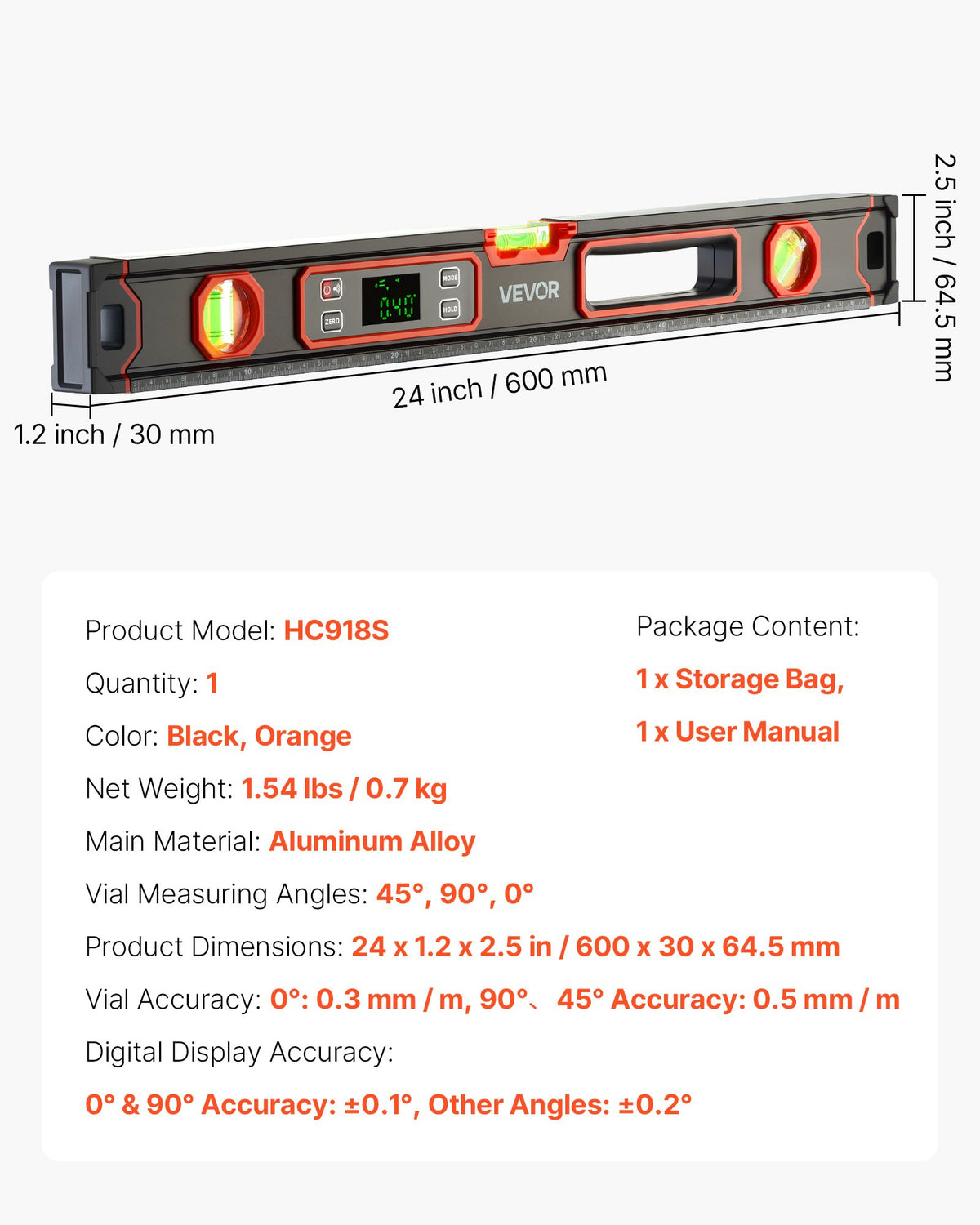 Digital Level, 600 mm, Magnetic Electronic Level with LED Backlit Display, 360° Electronic Leveler Tool with 0°/45°/90° Bubble Vials, IP54 Rating for Construction Carpentry Home Renovation