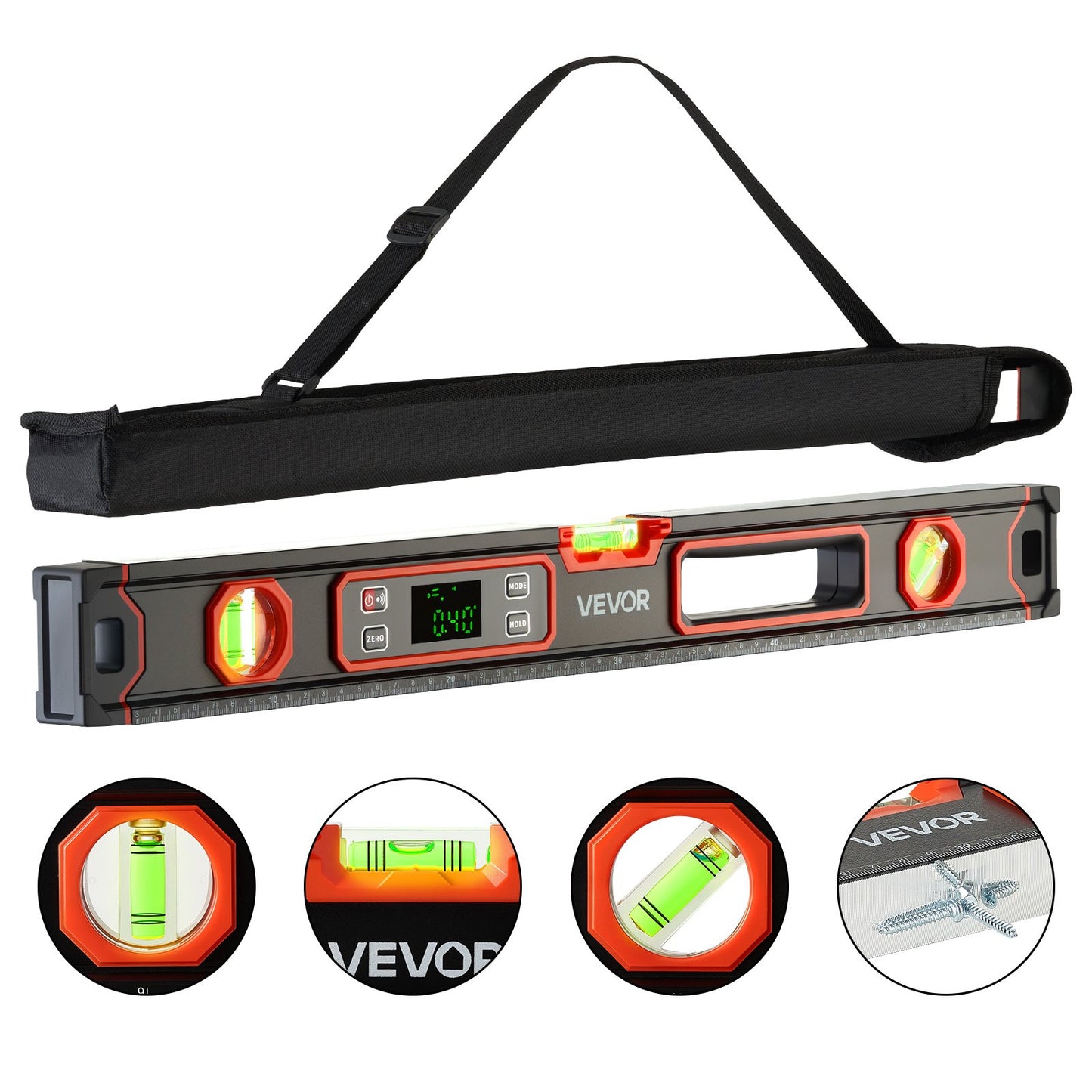 Digital Level, 600 mm, Magnetic Electronic Level with LED Backlit Display, 360° Electronic Leveler Tool with 0°/45°/90° Bubble Vials, IP54 Rating for Construction Carpentry Home Renovation