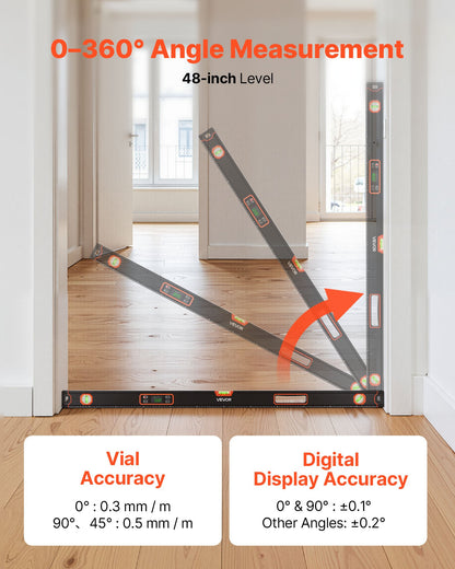 Digital Level, 1200 mm, Magnetic Electronic Level with LED Backlit Display, 360° Electronic Leveler Tool with 0°/45°/90° Bubble Vials, IP54 Rating for Construction Carpentry Home Renovation
