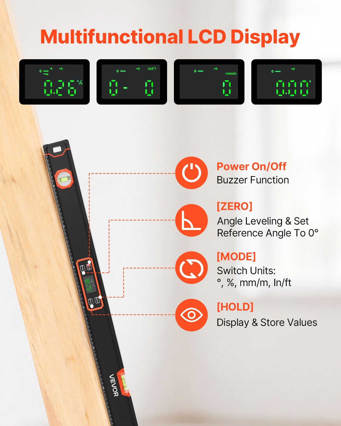 Digital Level, 1200 mm, Magnetic Electronic Level with LED Backlit Display, 360° Electronic Leveler Tool with 0°/45°/90° Bubble Vials, IP54 Rating for Construction Carpentry Home Renovation