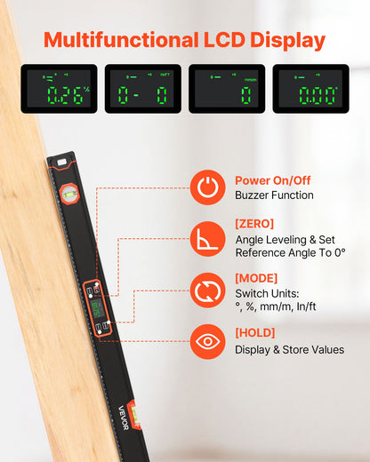 Digital Level, 1200 mm, Magnetic Electronic Level with LED Backlit Display, 360° Electronic Leveler Tool with 0°/45°/90° Bubble Vials, IP54 Rating for Construction Carpentry Home Renovation
