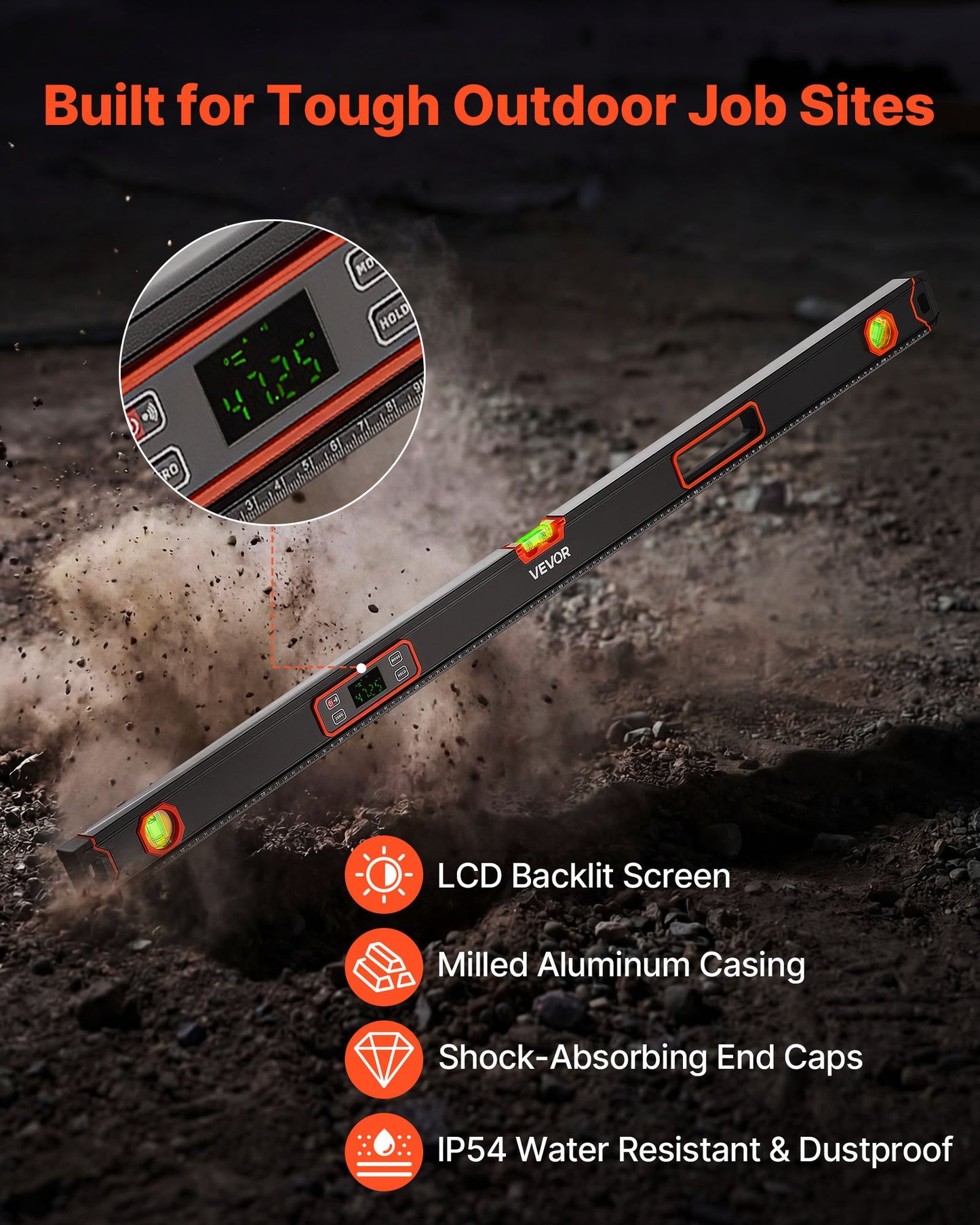Digital Level, 1200 mm, Magnetic Electronic Level with LED Backlit Display, 360° Electronic Leveler Tool with 0°/45°/90° Bubble Vials, IP54 Rating for Construction Carpentry Home Renovation