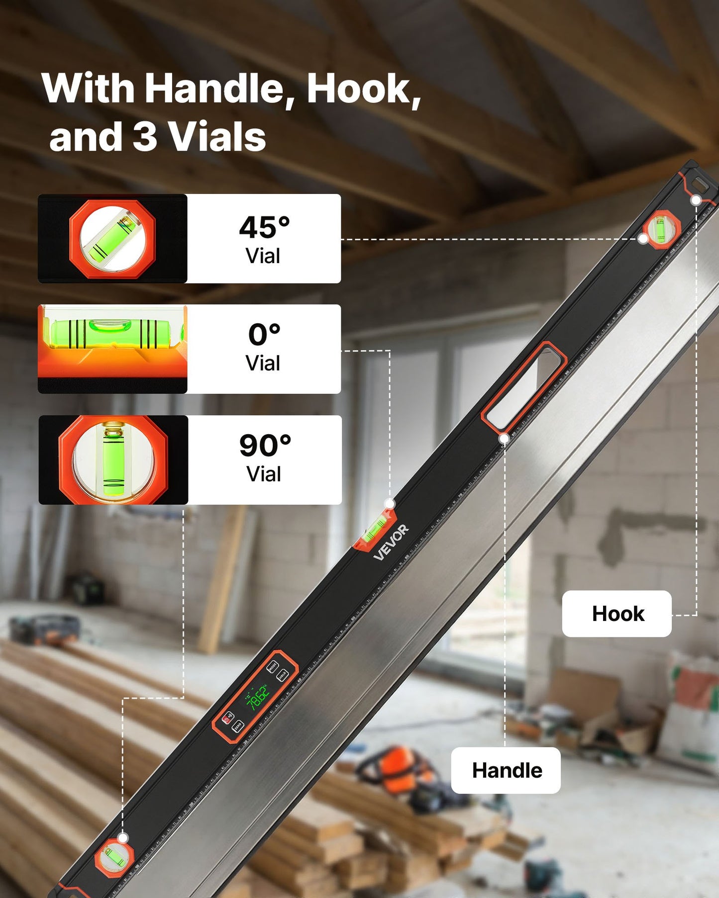 Digital Level, 1200 mm, Magnetic Electronic Level with LED Backlit Display, 360° Electronic Leveler Tool with 0°/45°/90° Bubble Vials, IP54 Rating for Construction Carpentry Home Renovation