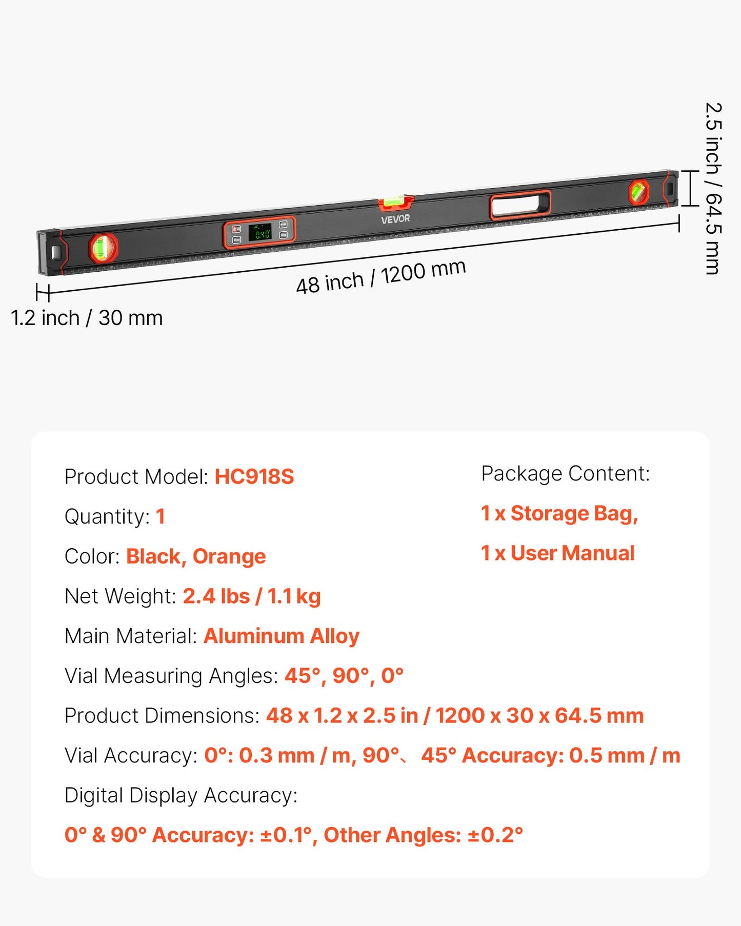 Digital Level, 1200 mm, Magnetic Electronic Level with LED Backlit Display, 360° Electronic Leveler Tool with 0°/45°/90° Bubble Vials, IP54 Rating for Construction Carpentry Home Renovation
