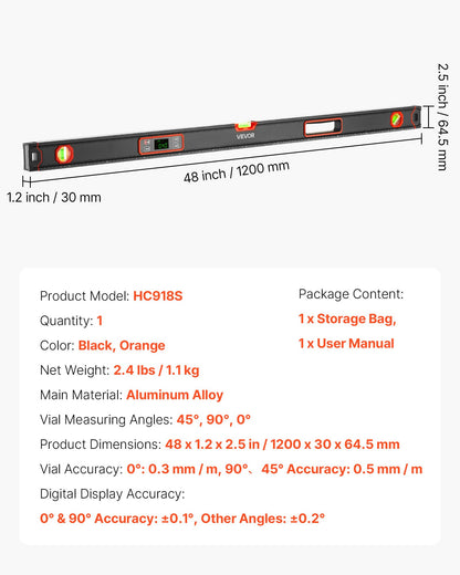 Digital Level, 1200 mm, Magnetic Electronic Level with LED Backlit Display, 360° Electronic Leveler Tool with 0°/45°/90° Bubble Vials, IP54 Rating for Construction Carpentry Home Renovation