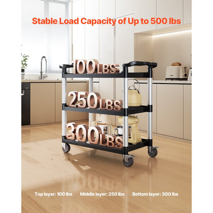 VEVOR Heavy Duty Utility Cart 500 lbs Capacity 3-tier Service Cart with Wheels