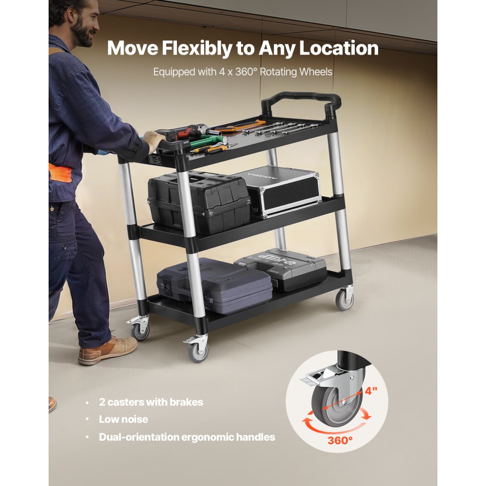 VEVOR Heavy Duty Utility Cart 500 lbs Capacity 3-tier Service Cart with Wheels