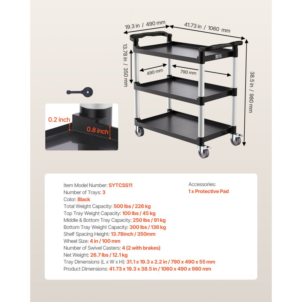 VEVOR Heavy Duty Utility Cart 500 lbs Capacity 3-tier Service Cart with Wheels