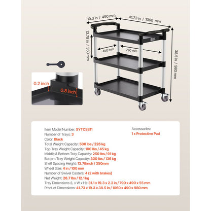 VEVOR Heavy Duty Utility Cart 500 lbs Capacity 3-tier Service Cart with Wheels