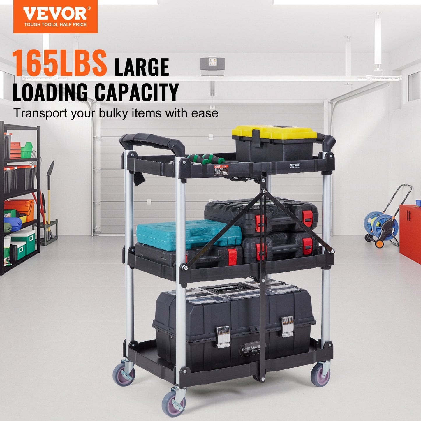 Foldable 3-Shelf Utility Cart with Lockable Wheels, 0.75m Load Capacity 75kg