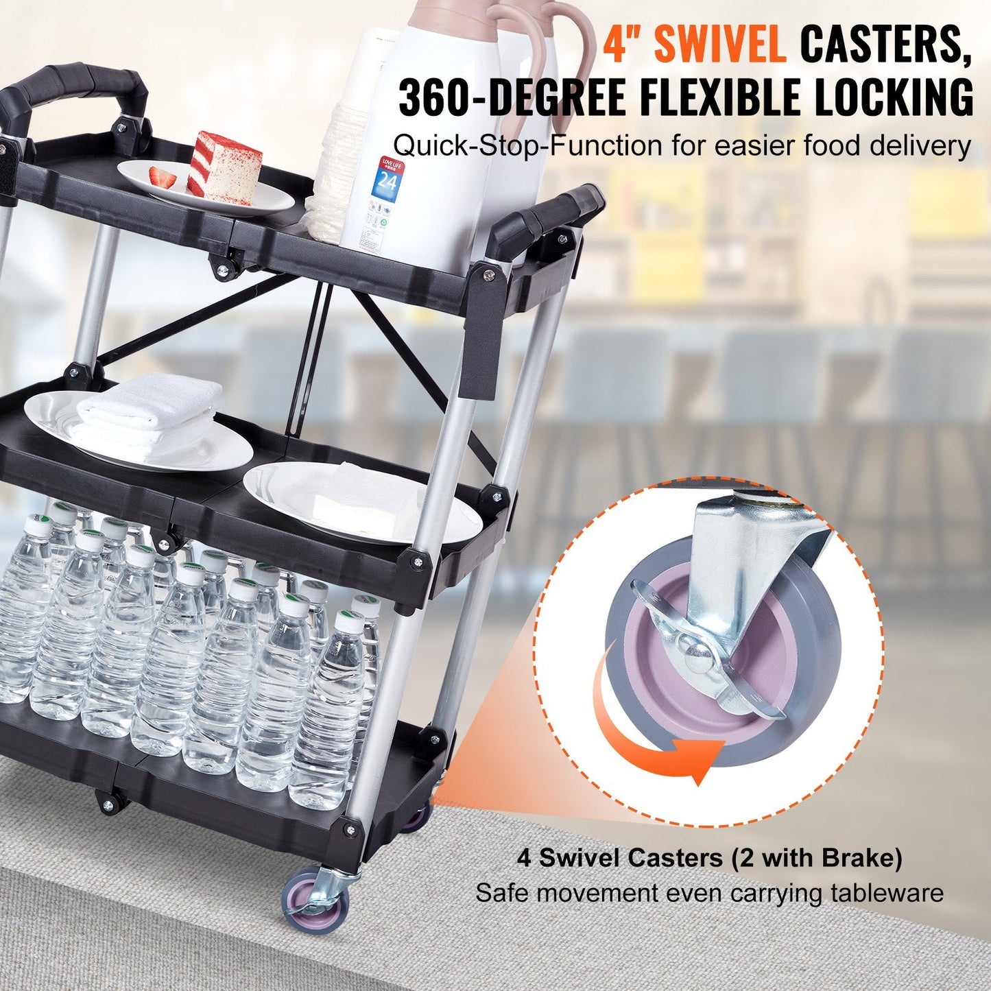 Foldable 3-Shelf Utility Cart with Lockable Wheels, 0.75m Load Capacity 75kg