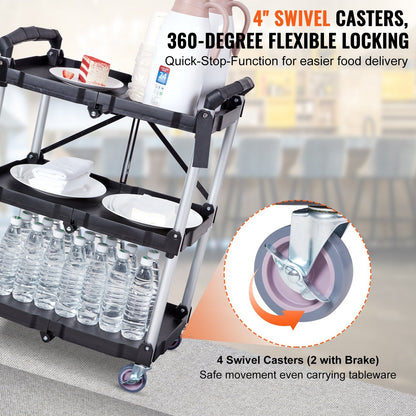 Foldable 3-Shelf Utility Cart with Lockable Wheels, 0.75m Load Capacity 75kg