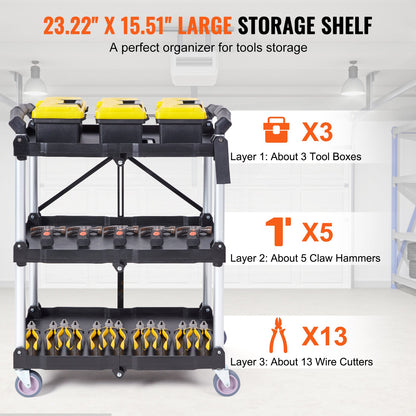 VEVOR Foldable Utility Service Cart 3 Shelf 165LBS with Swivel Lockable Wheels