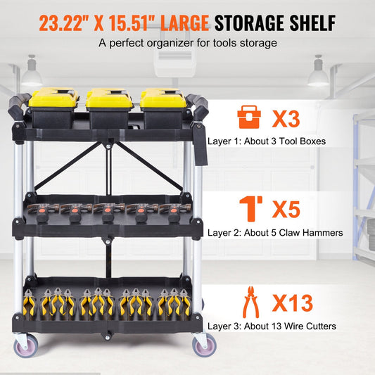 Foldable 3-Shelf Utility Cart with Lockable Wheels, 0.75m Load Capacity 75kg