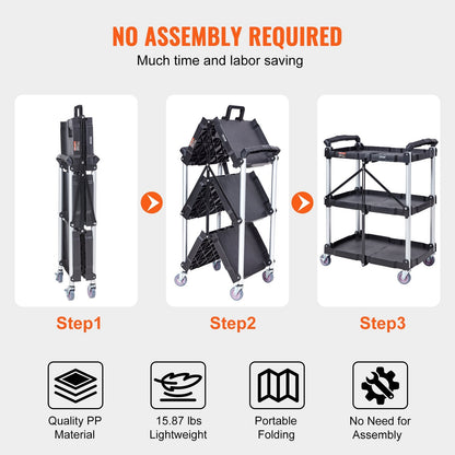 Foldable 3-Shelf Utility Cart with Lockable Wheels, 0.75m Load Capacity 75kg
