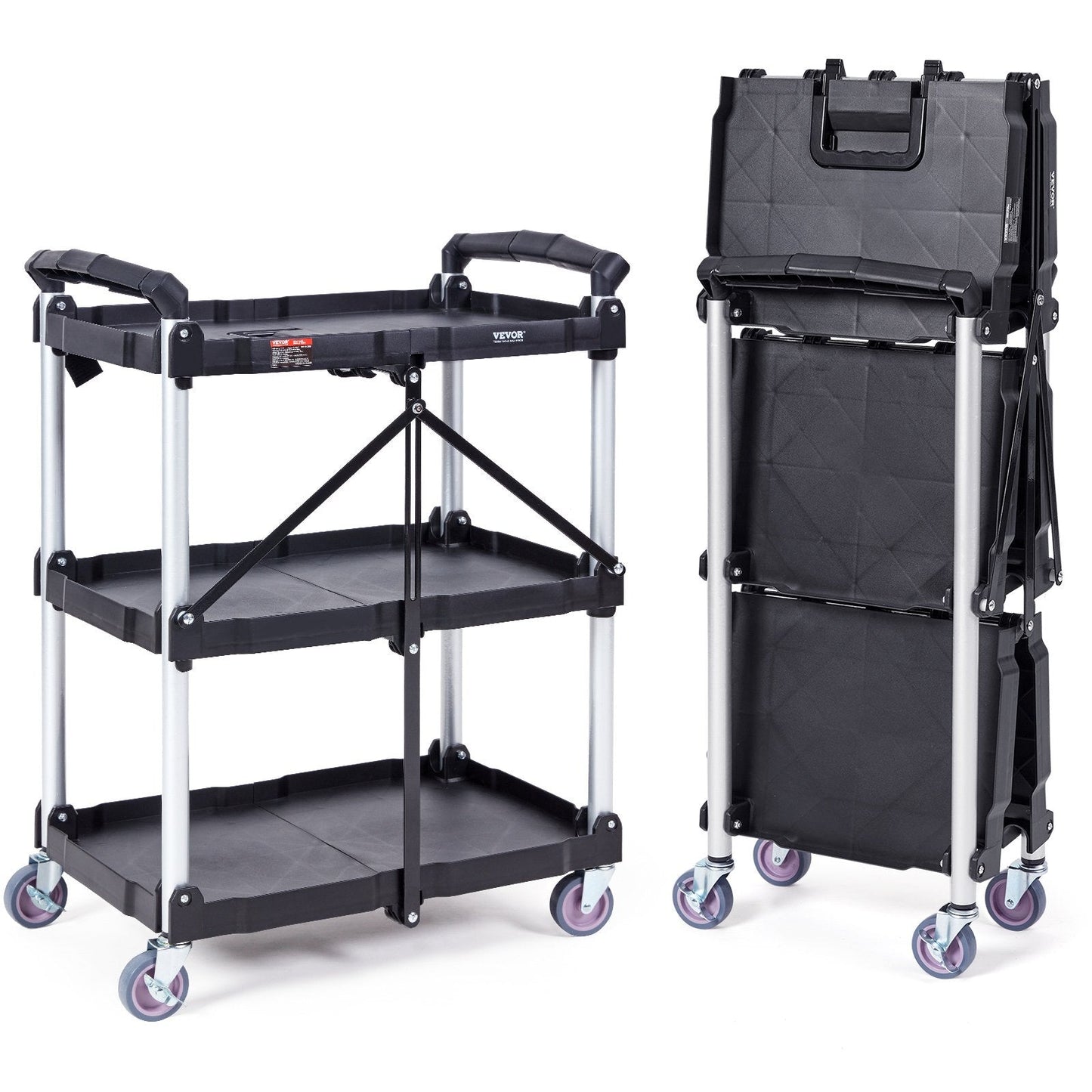 Foldable 3-Shelf Utility Cart with Lockable Wheels, 0.75m Load Capacity 75kg