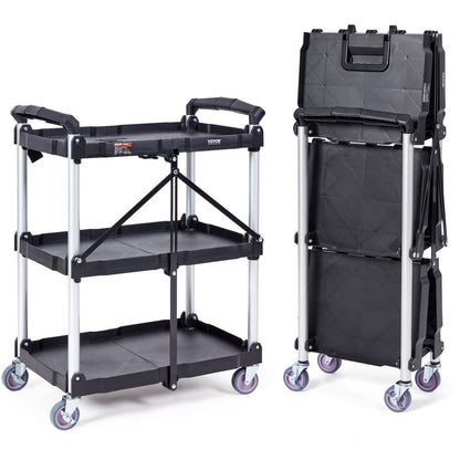 Foldable 3-Shelf Utility Cart with Lockable Wheels, 0.75m Load Capacity 75kg