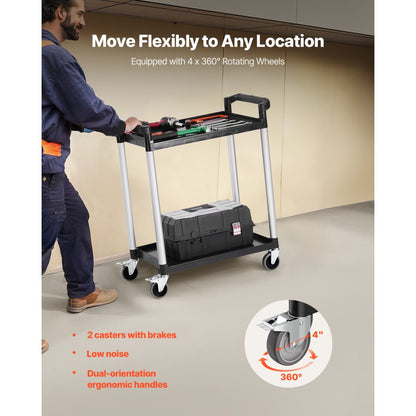 VEVOR Heavy Duty Utility Cart 300 lbs Capacity 2-tier Service Cart with Wheels