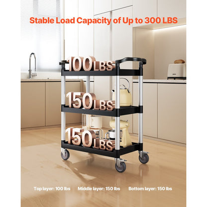 VEVOR Heavy Duty Utility Cart 300 lbs Capacity 3-tier Service Cart with Wheels
