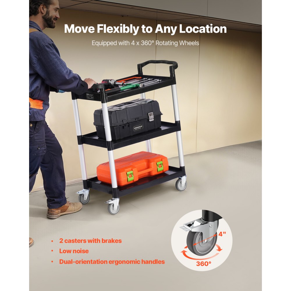 VEVOR Heavy Duty Utility Cart 300 lbs Capacity 3-tier Service Cart with Wheels
