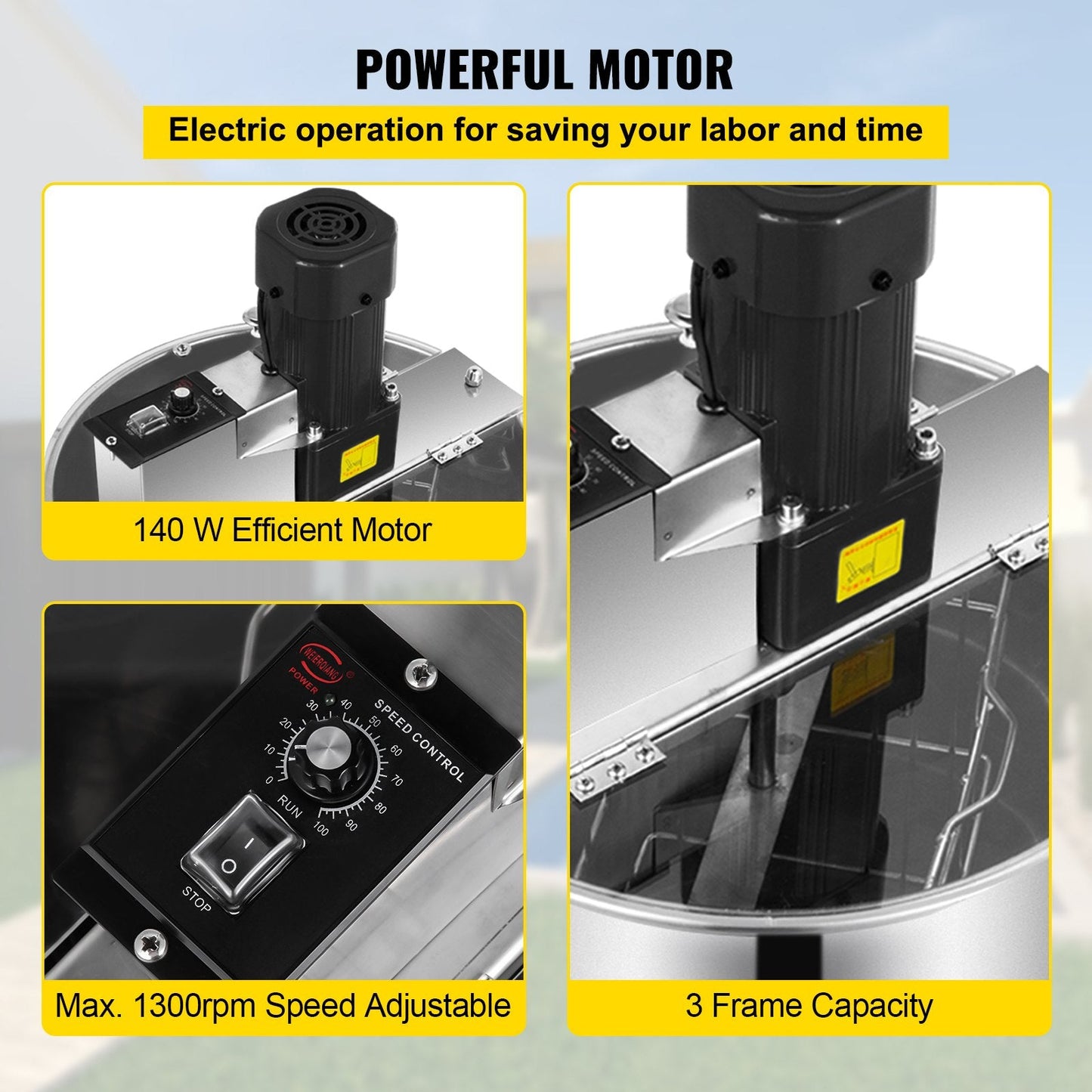 Electric Honey Extractor, Stainless Steel, 3/6 Frame, with Sturdy 3-Leg Design
