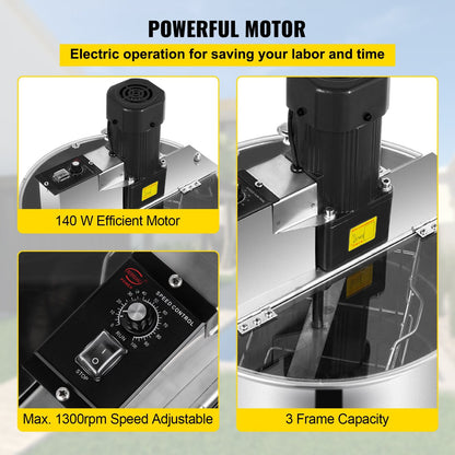 Electric Honey Extractor, Stainless Steel, 3/6 Frame, with Sturdy 3-Leg Design
