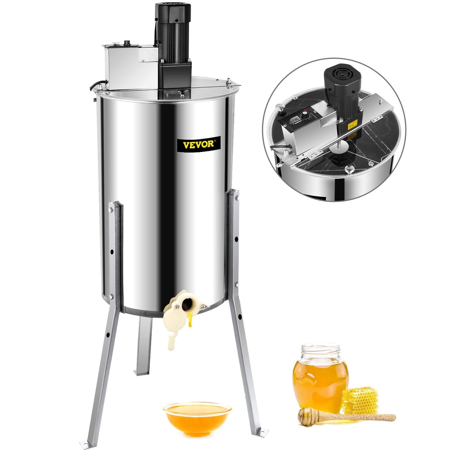 Electric Honey Extractor, Stainless Steel, 3/6 Frame, with Sturdy 3-Leg Design