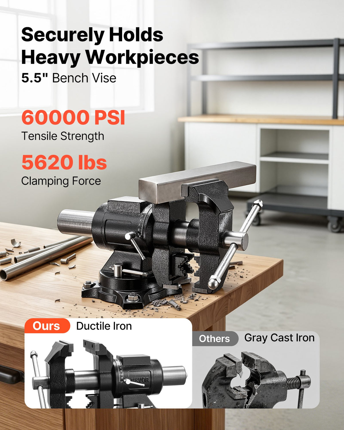 Heavy Duty Bench Vise, 140 mm Jaw Width, Double Swivel Rotating Multi-Purpose Bench Vise, with 360° Locking Swivel Base & Head, 70 mm Throat Depth, 125 mm Jaw Opening, for Drilling, Pipe Cutting